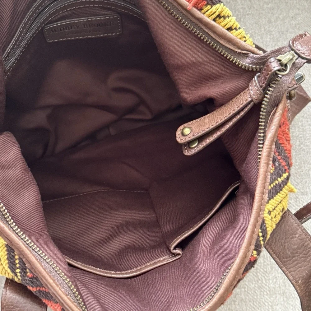 Audrey Brooke Leather Woven Bag Shoulder Bag Crossbody Brown Red Yellow‎ Tribal